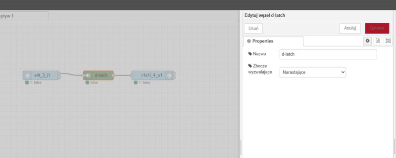 Editing the d-latch Node in a Flowchart A flowchart with three connected blocks and an open node d-latch property editor on the right.