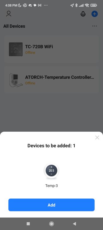 Tuya app screen showing device list and an “Add device” panel for “Temp-3” with reading 20.5