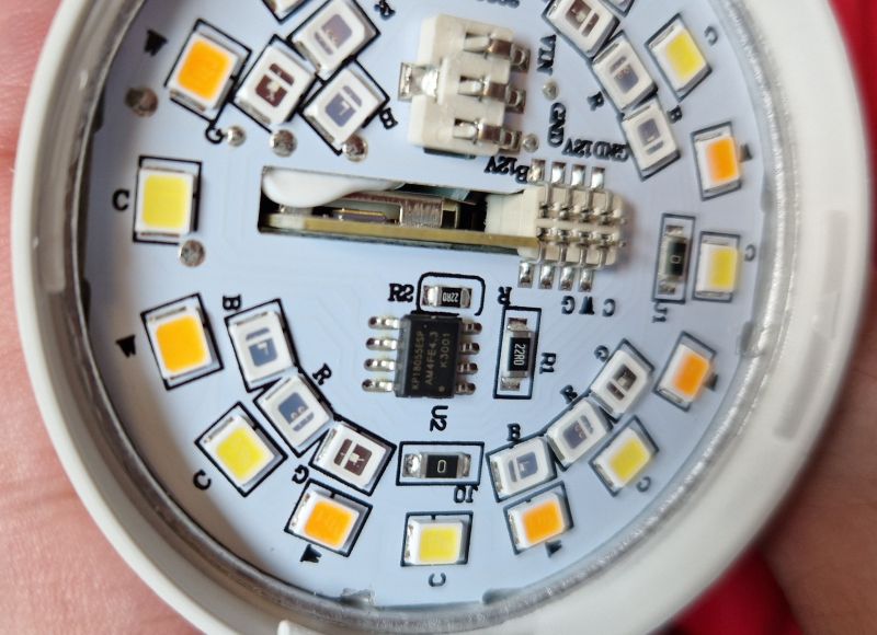 Interior of the RoomLux B15515 A60 Bulb Interior of the RoomLux B15515 A60 bulb showing LEDs and circuits.
