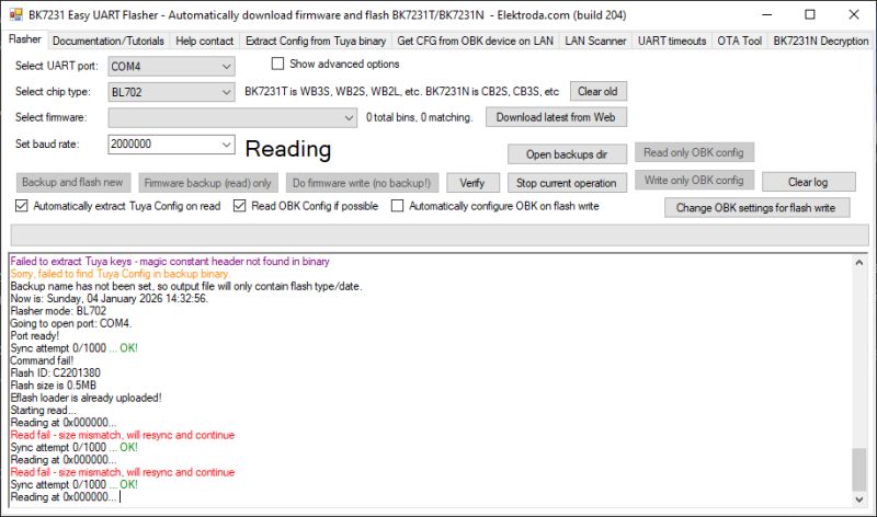 BK7231 Easy UART Flasher interface during flash memory read attempt