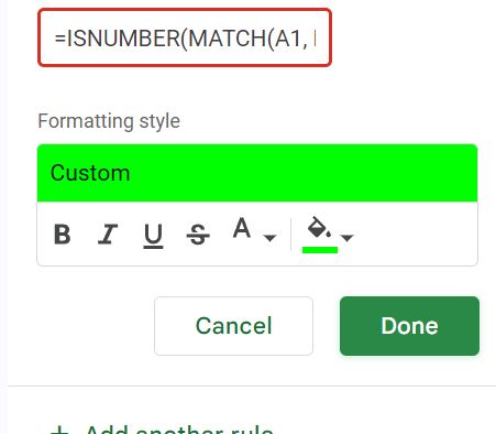 Zrzut ekranu przedstawiający okno formatowania warunkowego w Arkuszach Google.