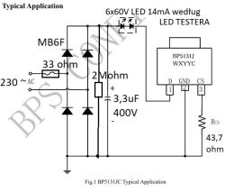 BP5131IJ Application Circuit with High-Voltage LED String Typical BP5131IJ application circuit with 230V input and 6×60V LED string