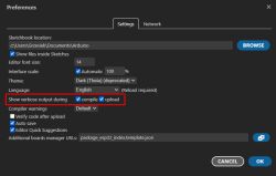 Arduino settings window with verbose output enabled for compile and upload