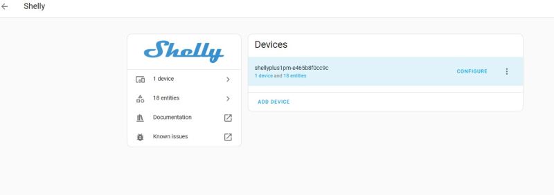 Shelly integration screen in Home Assistant with one device and 18 entities
