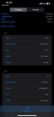 Zrzut ekranu z aplikacji diagnostycznej, pokazującej parametry sieci 5G i LTE dla operatora Orange.