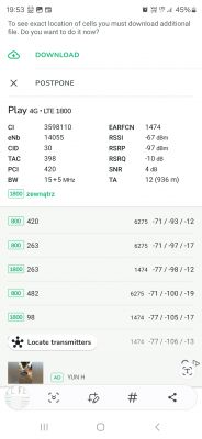 Zrzut ekranu aplikacji pokazującej dane sieci Play 4G LTE 1800.