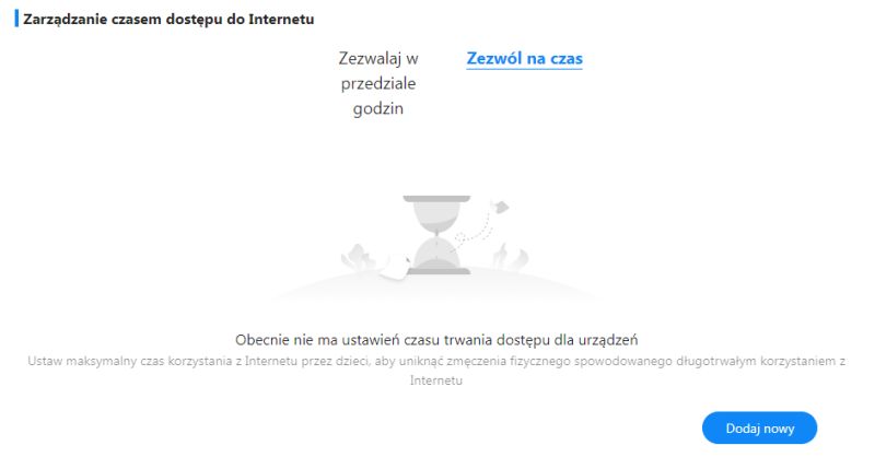 Ekran ustawień zarządzania czasem dostępu do Internetu z klepsydrą