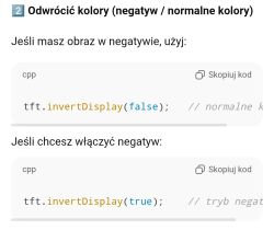 Polish screenshot explaining display color inversion with C++ snippets using tft.invertDisplay(true/false)