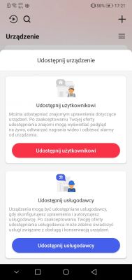 Ekran aplikacji z opcjami udostępniania urządzenia użytkownikowi lub usługodawcy.