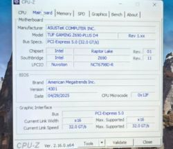 Zrzut ekranu z programu CPU-Z pokazujący szczegóły płyty głównej ASUS TUF Z690-PLUS D4