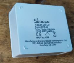 Back of Sonoff SNZB-03 Sensor Back of Sonoff SNZB-03 motion sensor with manufacturer information.