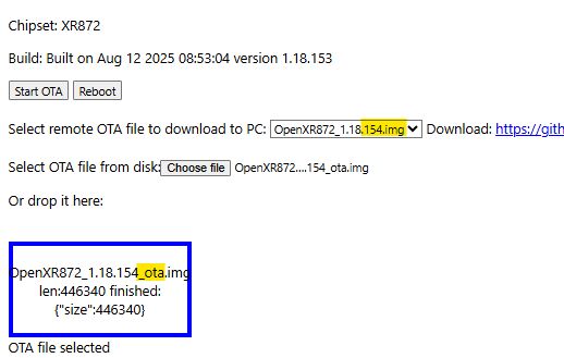 Screenshot of OTA interface for XR872 chipset with 1.18.154 file selected
