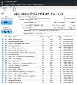 Zrzut ekranu z programu CrystalDiskInfo przedstawiający szczegóły techniczne dysku twardego WD Gold 8 TB, stan dobry, temperatura 42°C.
