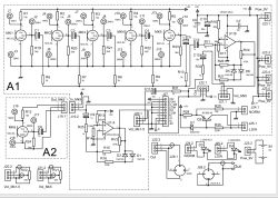 Block diagram of an electronic circuit with microphones and operational amplifiers.