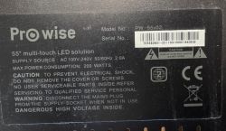 Information label on back of Prowise PW-55v02 monitor with electrical warnings