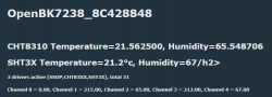 Screenshot of OpenBK7238 interface with temperature and humidity readings.