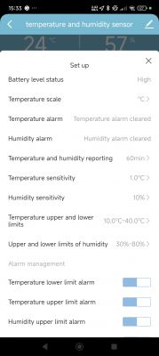 Settings screen of a temperature and humidity sensor showing various configuration options.