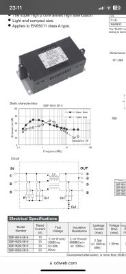 Tabela i diagramy filtra EMI firmy Okaya z opisem cech i parametrów technicznych.
