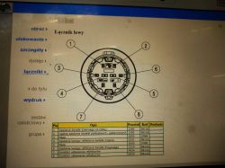 Schemat pinów okrągłego złącza lampy halogenowej z opisem funkcji