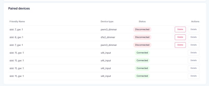 Table of paired devices with names, types, statuses, and action options.