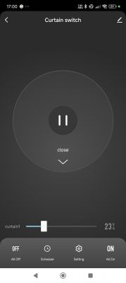 Curtain control app with a pause button, a curtain slider, and bottom screen options.