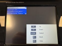 Ekran menu HP Digital Sender Flow 8500 fn1 z opcjami: Kontynuuj, Zaloguj się, Administrator, Narzędzia serwisowe.