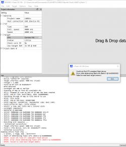 Screenshot of J-Flash V8.10h software showing a flash memory read error.