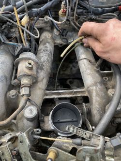 Ręka trzymająca przewód pod maską silnika, Mercedes 190 z silnikiem 2.0 benzyna + LPG.