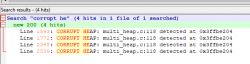 Screenshot showing a search for corrupt he with results indicating heap memory errors.