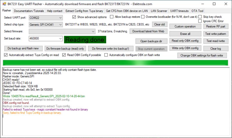 Screenshot of Easy UART Flasher showing “Reading done” message for chip C74014