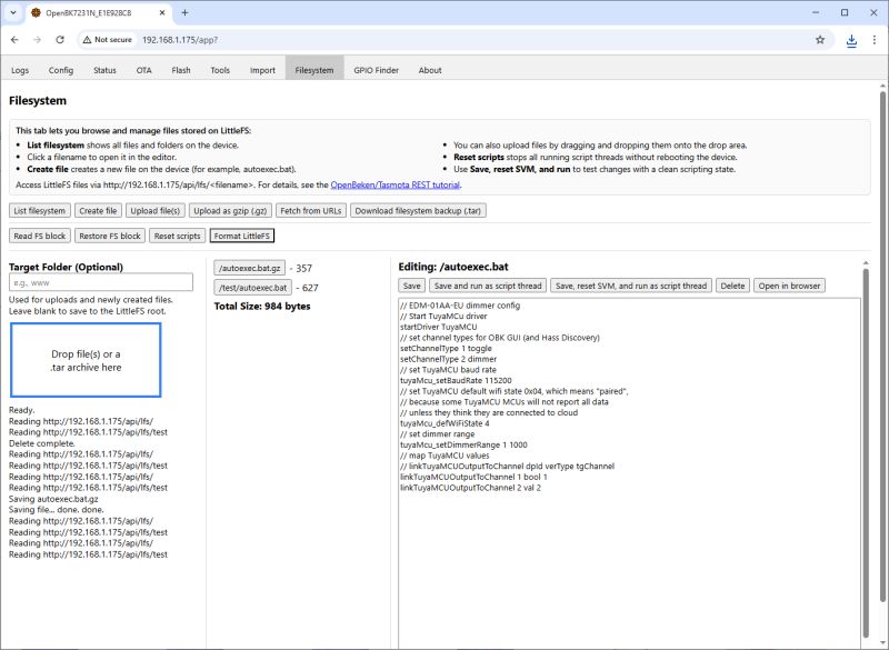 View of autoexec.bat file editor in OpenBeken interface via web browser