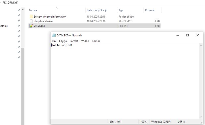 Windows File Explorer showing PIC_DRIVE and DATA.TXT opened in Notepad with “Hello world!”