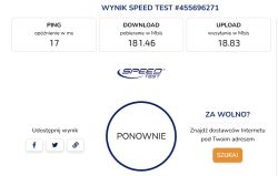 Wynik testu prędkości internetu: 181,46 Mb/s pobierania, 18,83 Mb/s wysyłania, ping 17 ms