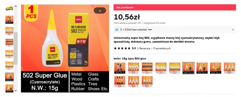 Butelka kleju 502 Super Glue z pudełkiem na tle pomarańczowym.