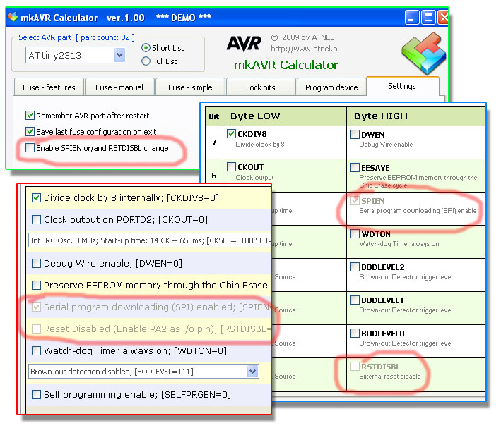 AVR fuse Calculator i programator graficzny z avrdude 2
