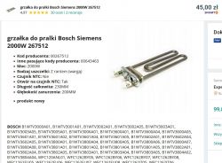 Informacje o grzałce do pralki Bosch Siemens 2000W i jej zdjęcie.