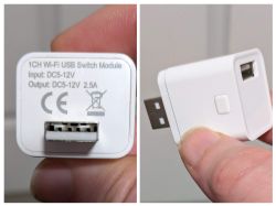 1CH Wi-Fi USB Switch Module A white 1CH WI-FI USB Switch Module adapter held in fingers, shown from the front and side.