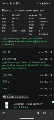 Zrzut ekranu przedstawiający wyniki pomiarów sieci 4G z aplikacji NetMonster.