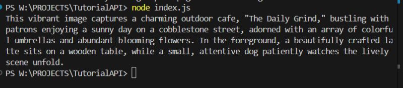 Terminal screenshot showing node index.js output: an English description of a cafe photo.