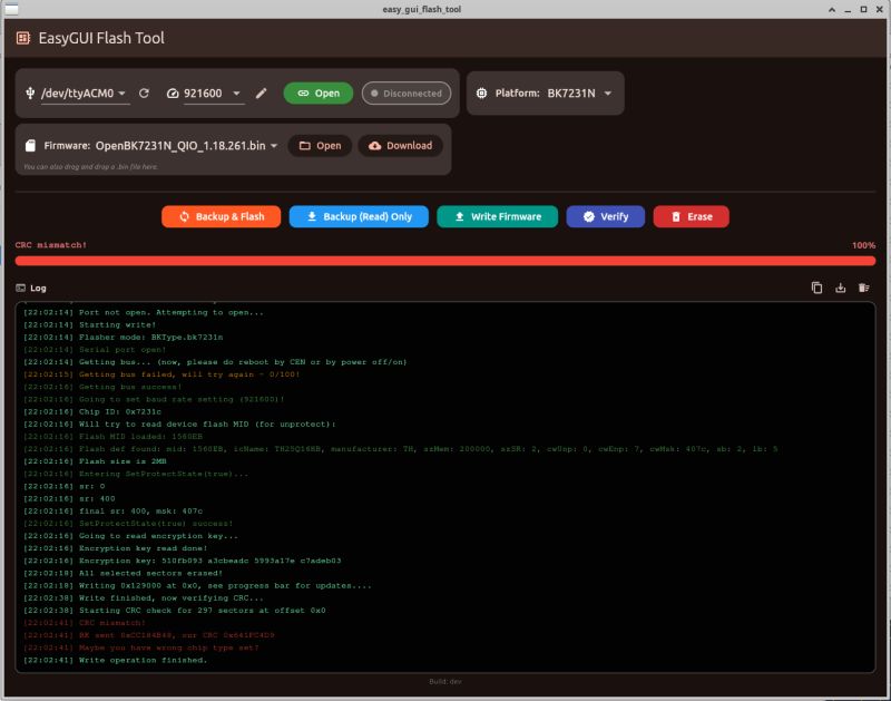 Screenshot of EasyGUI Flash Tool showing BK7231N selected and “CRC mismatch!” in the log