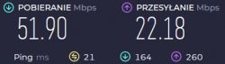 Internet speed test results showing download at 51.90 Mbps and upload at 22.18 Mbps.