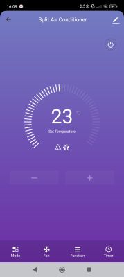 Air conditioner app screen showing 23°C set temperature