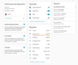 Home Assistant user interface showing various sensor and relay settings