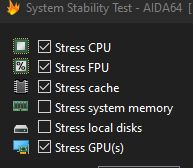 Zaznaczone opcje: Stress CPU, FPU, cache i GPU w teście AIDA64
