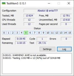 Okno programu TestMem5 pokazujące postęp testu pamięci RAM z 0 błędami