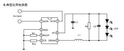 Schemat aplikacyjny sterownika LED z wejściem AC, dławikiem L1, kondensatorami C1/C2 i diodami LED