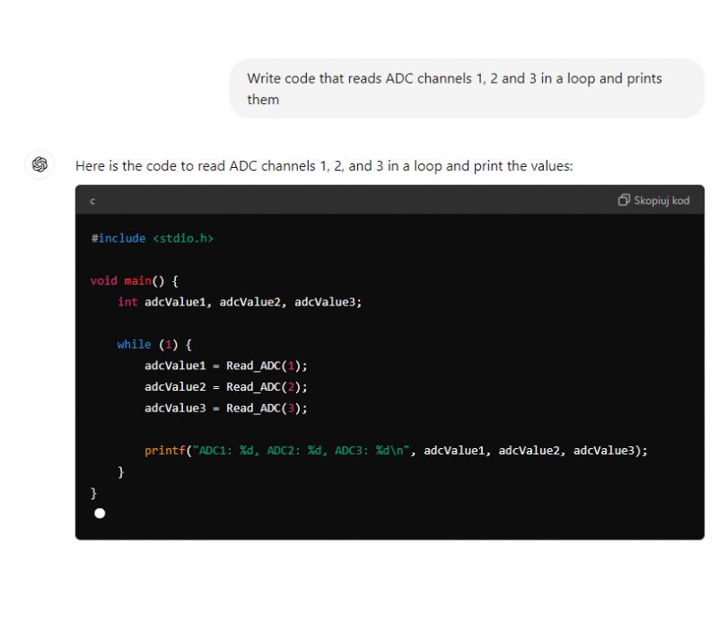 Zrzut ekranu z odpowiedzią ChatGPT na polecenie napisania kodu do odczytu kanałów ADC.