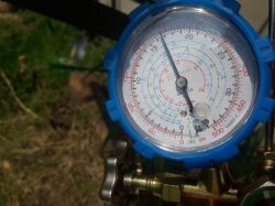 Manometr z wskazaniem około 35 psi na tle trawnika