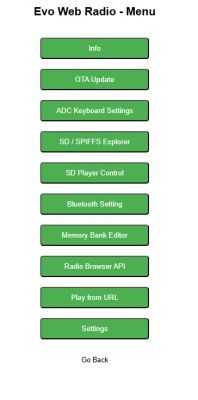 EVO Web Radio menu interface with green buttons for various setting options