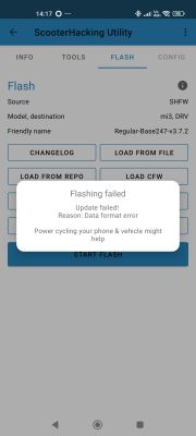 Komunikat o błędzie w aplikacji ScooterHacking Utility wskazujący na niepowodzenie aktualizacji z powodu błędu formatu danych.